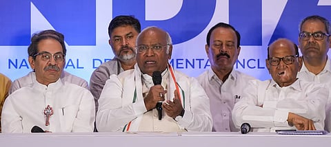 Congress President Mallikarjun Kharge with NCP (Sharad) Chief Sharad Pawar and Shiv Sena (UBT) Chief Uddhav Thackeray during an INDIA alliance press conference, in Mumbai, Saturday, May 18, 2024. (Photo | PTI)