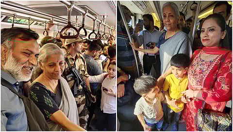 ದಹೆಲಿ ಮೆಟ್ರೊದಲ್ಲಿ ವಿತ್ತ ಸಚಿವೆ ನಿರ್ಮಲಾ ಸೀತಾರಾಮನ್ ಪ್ರಯಾಣ