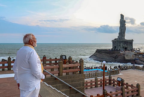 Prime Minister Narendra Modi at Vivekananda Rock Memorial, in Kanyakumari, Tamil Nadu,