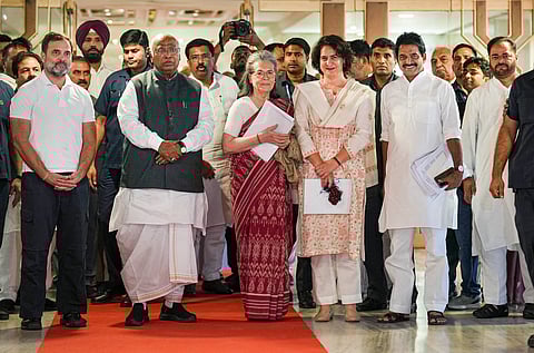 New Delhi: Congress President Mallikarjun Kharge with party leaders Sonia Gandhi, Rahul Gandhi, Priyanka Gandhi Vadra and others during the extended Congress Working Committee meeting, in New Delhi, Saturday, June 8, 2024.