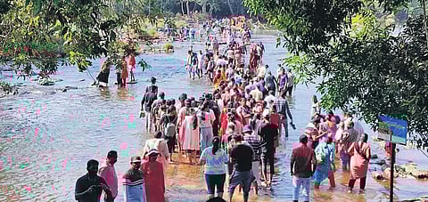 ಕಾವೇರಿ ನದಿ ದಾಟುತ್ತಿರುವ ಪ್ರವಾಸಿಗರು.