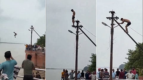 Youths climb electric pole & jump into Ganga