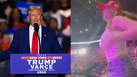 model flashes for Donald Trump at rally