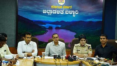Ballari DC Prashant Kumar Mishra, SP Shobha Rani and other officials at a press conference on Wednesday.