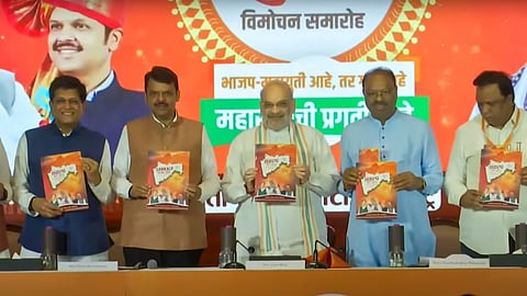 Union Minister and senior BJP leader Amit Shah with party leaders Piyush Goyal, Devendra Fadnavis and others releases BJP's Sankalp Patra for Maharashtra Assembly elections, in Mumbai.