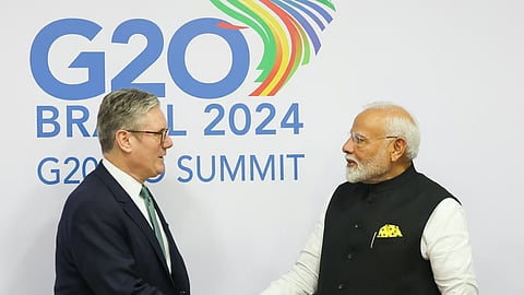 Prime Minister Narendra Modi during a bilateral meeting with UK Prime Minister Keir Starmer on the sidelines of the G20 Summit in Rio de Janeiro, Monday.