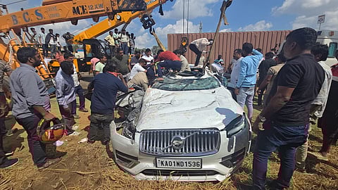 Six persons including two children were killed when a container truck toppled and fell on their Volvo car near Nelamangala on NH48.
