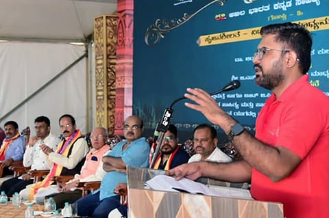 Madhu Y N speaking during a session creativity: AI and chatgpt challenges organised as part of Kannada Sahitya sammelana in Mandya on Saturday