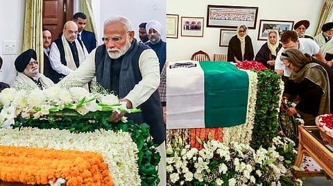 Prime Minister Narendra Modi, Congress leader Sonia Gandhi pay his last respects to former prime minister Manmohan Singh at the latter's residence, in New Delhi.