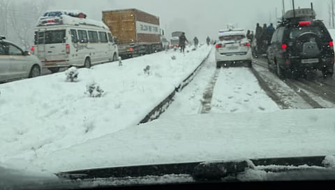 Vehicles stranded at Qazigund town in Jammu and Kashmir'