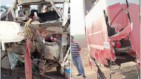 Car completely destroyed after crash into bus
