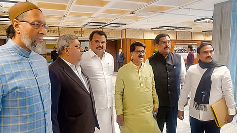 AIMIM MP Asaduddin Owaisi, TMC MP Kalyan Banerjee, and other opposition members after a meeting of the Joint Parliamentary Committee on the Waqf (Amendment) Bill, in New Delhi, Monday, Jan. 27, 2025.