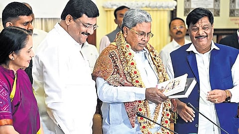Chief Minister Siddramaiah and Social Welfare Minister Dr HC Mahadevappa at a Scheduled Castes (SC) and Scheduled Tribes (ST) Awareness Committee meeting at Vidhana Soudha in Bengaluru on Tuesday.