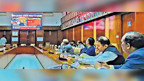 Federation of Karnataka Chambers of Commerce and Industry board members watch the Union Budget proceedings in Bengaluru on Saturday