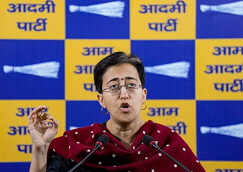 Delhi acting Chief Minister Atishi addresses a press conference, in New Delhi