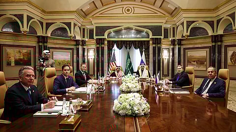 U.S. Secretary of State Marco Rubio, second left, meets with Saudi Foreign Minister Prince Faisal bin Farhan Al Saud, Saudi National Security Advisor Mosaad bin Mohammad Al-Aiban, U.S. National Security Advisor Mike Waltz, third left, U.S. Middle East envoy Steve Witkoff, left, Russian Foreign Minister Sergei Lavrov, right, and Russian President Vladimir Putin's foreign policy advisor Yuri Ushakov, second right