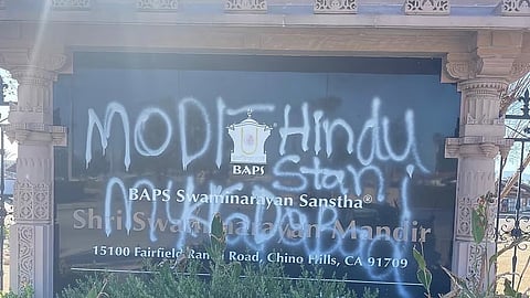 The vandalised section of the BAPS Hindu temple in California.