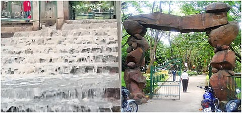 Water gushes out of Bugle Rock Park in Basavanagudi, after the pipeline burst on Thursday evening