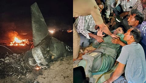Wreckage at the site after a Jaguar fighter jet of the Indian Air Force crashed while on a training mission