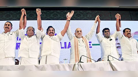 Union Home Minister Amit Shah announces alliance with AIADMK General Secretary EPS for the upcoming general elections for assembly at at press meet held in Chennai on Friday. (From Right) The incoming TN BJP President Nainar Nagendran, outgoing President K Annamalai, Deputy General secretary KP Munusamy and SP Velumani are also seen.