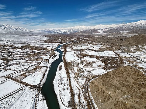 In this photo from Feb. 25, 2025, an aerial view of the Indus River amid the snow-capped area of Ladakh