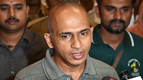 Pradeep, brother-in-law of Shivamogga realtor Manjunath Rao, as he waited to receive the mortal remains of Rao.