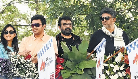 MP Tejasvi Surya, MLA Haris and DCM DK Shivakumar flag off the of TCS 10K Marathon on Sunday. Tejasvi’s wife and singer Sivasri accompanied them