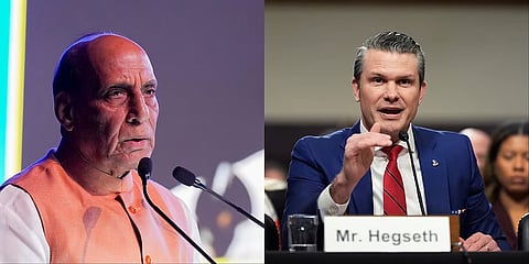 Union Defence Minister Rajnath Singh (L) and US Defence Secretary Pete Hegseth (R)