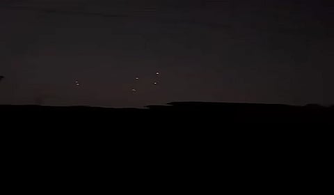 Indian air defence systems intercept and neutralise incoming Pakistani drones over Jammu region, as seen in this footage showing red projectiles lighting up the night sky.