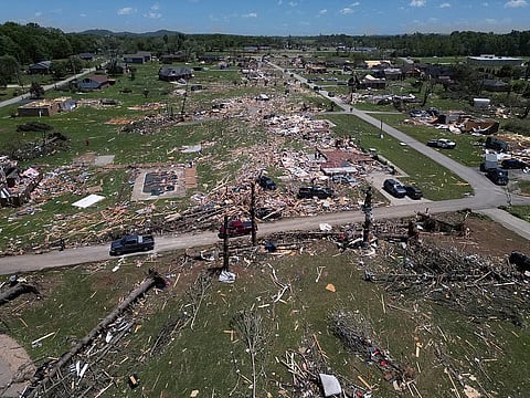 A home is destroyed after a severe storm passed through the area Saturday, May 17, 2025, in London