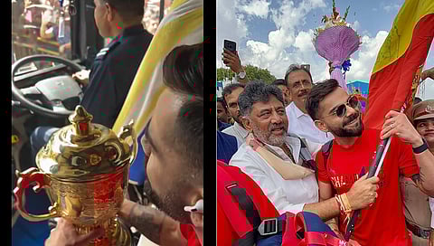 ಬಸ್ಸಿನಲ್ಲಿ ಟ್ರೋಫಿ ಹಿಡಿದಿರುವ ವಿರಾಟ್ ಕೊಹ್ಲಿ - ಡಿಕೆ ಶಿವಕುಮಾರ್
