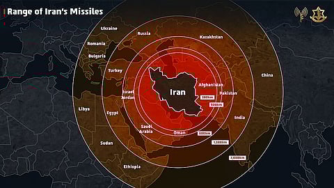Image of map posted by IDF on X to show the range of Iranian missiles.