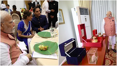 At the dinner hosted by PM Kamla Persad-Bissessar, Modi presented a replica of the Ram Mandir in Ayodhya and holy water from the Saryu river