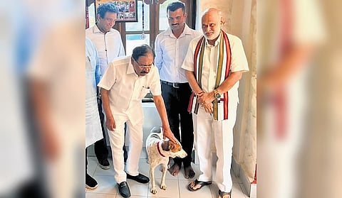 The dog rescued from Shirur landslide seen with HM G Parameshwar at the residence of M Narayan, Uttara Kannada S