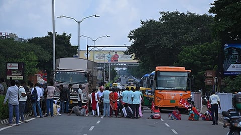 Roads are blocked owing to Odisha Bandh called by opposition parties over Balasore self-immolation death case, in Bhubaneswar on Thursday