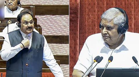 Rajya Sabha chairman Jagdeep Dhankhar listens to Leader of the House JP Nadda during the Monsoon Session of the Parliament in New Delhi on Monday, July 21.Photo