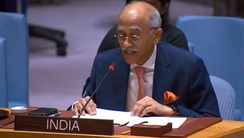 India's Permanent Representative to the UN, Ambassador Parvathaneni Harish, speaks at the UN Security Council.