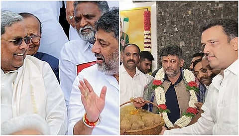 CM Siddaramaiah and DCM D K Shivakumar in temple near Hassan