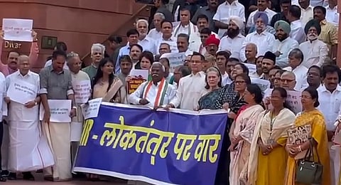Opposition MPs, including Congress MP Sonia Gandhi, protest at the Parliament's Makar Dwar