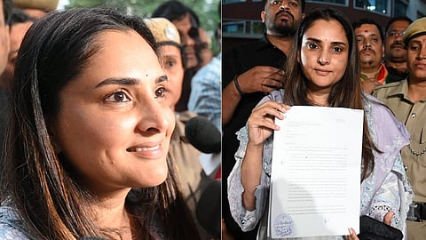 Film Actress Ramya arrived at Bengaluru City Police Commissioner office to registr complaint in connction with Renukaswmay social media comments in Bengaluru on Monday.