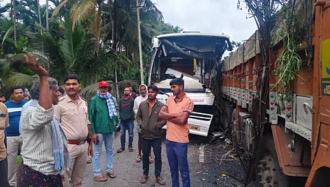 bus rams stationary truck