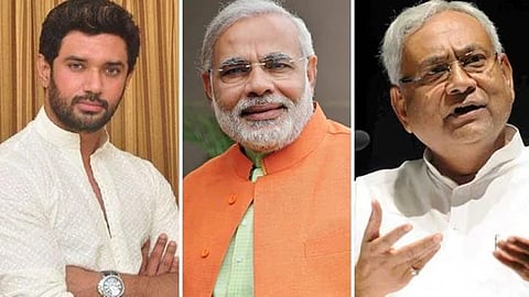 Union Minister Chirag Paswan, PM Narendra Modi, Bihar CM Nitish Kumar (file pic)