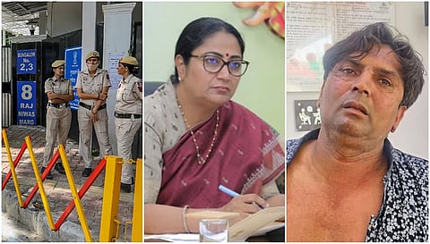 Police personnel outside Delhi CM Rekha Gupta's residence in New Delhi (L). Rajesh Bhai Khimji, accused of attacking Gupta, after detained by Delhi Police (R).