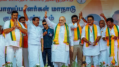 Amit Shah with Tamil Nadu BJP President Nainar Nagenthiran, party leader K. Annamalai