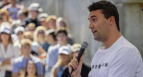 Charlie Kirk speaks before he is shot during Turning Point's visit to Utah Valley University in Orem, Utah,