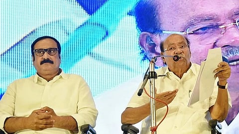 PMK founder S Ramadoss at a party meet; his son Anbumani