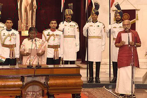 President Droupadi Murmu administers the oath of office of the Vice-President of India to CP Radhakrishnan during a swearing-in ceremony, at Rashtrapati Bhavan