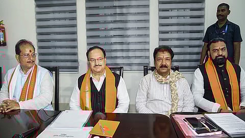 BJP National President JP Nadda with Bihar Deputy Chief Ministers Vijay Kumar Sinha and Samrat Choudhary and State BJP President Dilip Jaiswal