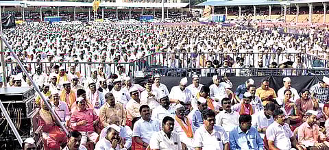 Thousands of people attend the Veerashaiva-Lingayat Ekata Samavesha in Hubballi on Friday