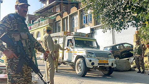 Security personnel keep vigil after a joint encounter of the Army and police forces with terrorists, in Doda district of Jammu and Kashmir, Saturday